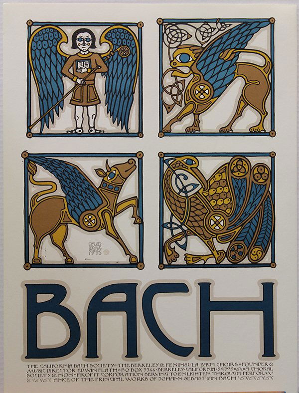 Lithographs, David Lance Goines, Bach: (Lot of 15) Unframed color lithograph advertising posters, ""California Bach Society"" (15 copies) by David Lance Goines (Californian, b. 1945), all bear artist's stamp within print, overall: 24""h x