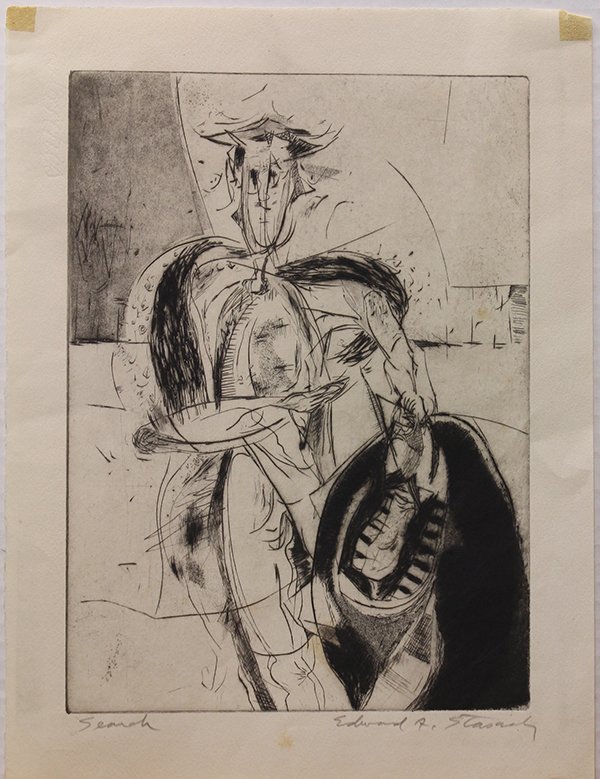 Etching, Edward Armen Stasack, Search: Unframed etching, ""Search,"" by Edward Armen Stasack (American, b. 1929), pencil signed and titled within lower margin, paper: 13""h x 10""w. Provenance: Unaccessioned from the Honolulu Museum of Art