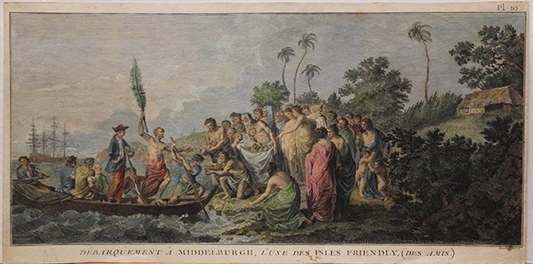 Engravings, Robert Benard, Cook's Voyages: Set of three hand colored engravings, ""Debarquement a Middelburgh, L'une des Isles Friendly (des Amis),"" ""Debarquement a Mallicolo L'une des Nouvelles Hebrides,"" and ""Debarquement a Erramanga, L'