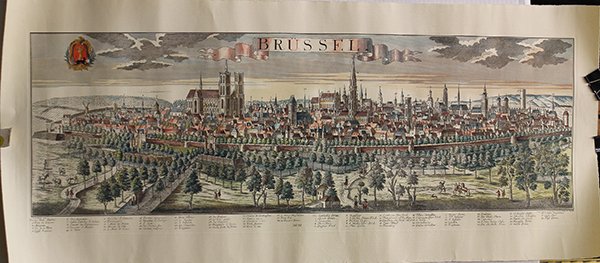 Map, after Friedrich Bernhard Werner, Brussels: Unframed hand-colored map engraving, Panoramic View of the City of Brussels, after Friedrich Bernhard Werner (German, 1690-1778), overall: 17.75""h x 42""w