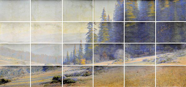 Diorama mural by Charles Bradford Hudson, 1916: Painted oil on plaster diorama mural consisting of twenty four (24) sections, Grassy Hillside Sloping Towards a Redwood Forest, 1916, by Charles Bradford Hudson (Californian, 1865-1939), section dimen