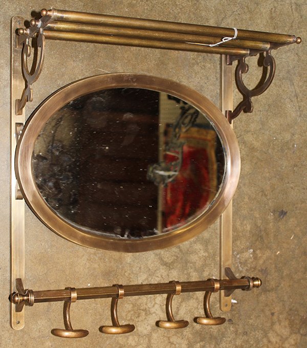 Brass railroad train car coat rack and mirror: Brass railroad train car coat rack and oval mirror, 20""h x 16""w