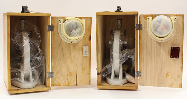 Vintage Biological Microscopes: (lot of 2) Vintage Biological Microscopes XSP-13A in a pine dove tailed locking box with institutional manual and accessories