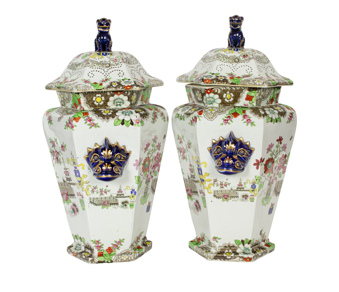 A large pair of English polychrome decorated ironstone potpourri vase in the Indian Flower pattern (1 of 5)