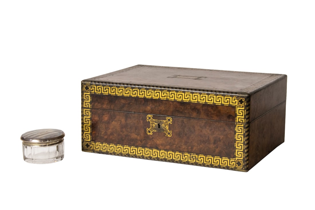 An English gentleman's burl walnut and brass inlaid dressing set (1 of 7)