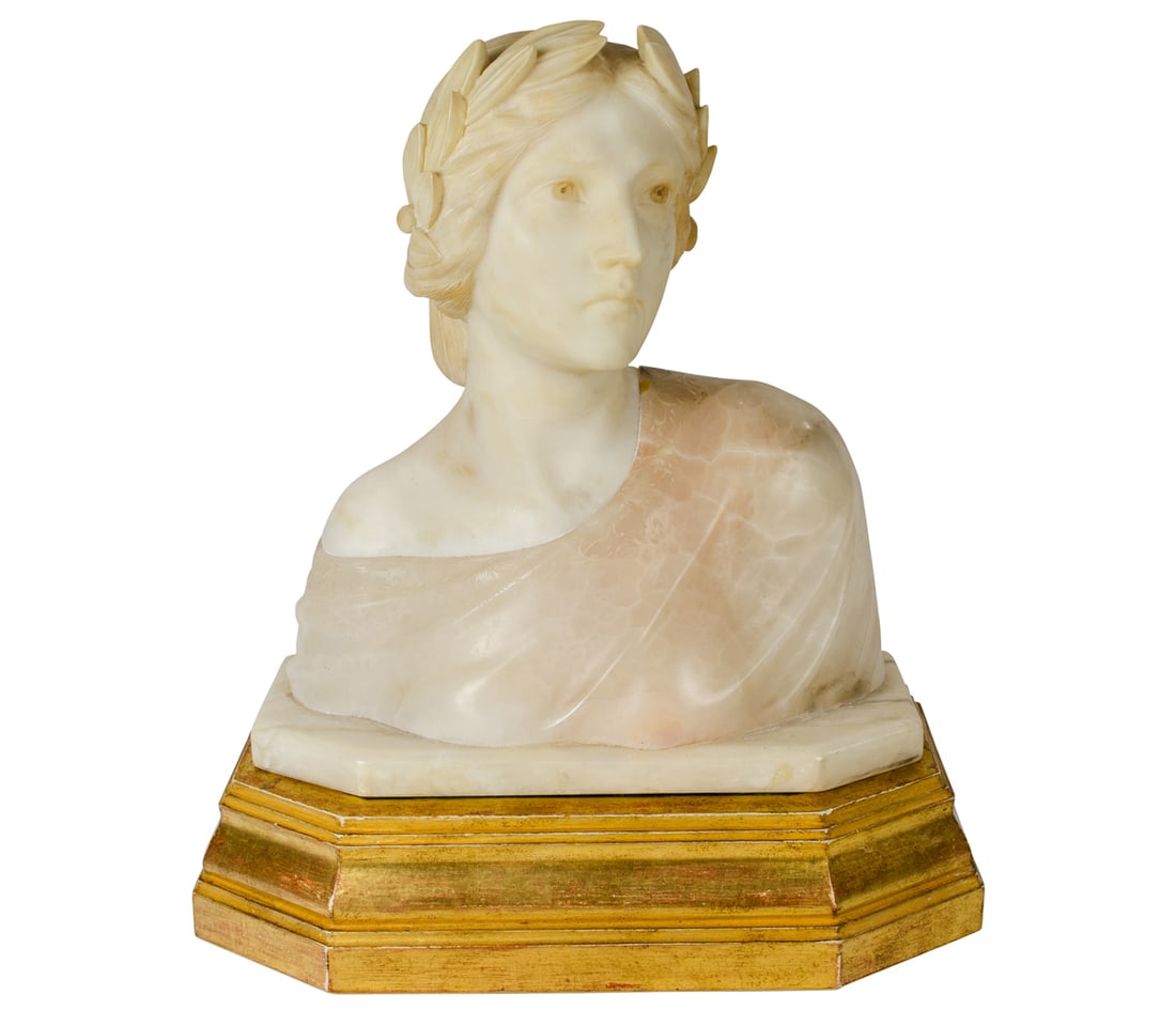 An Italian alabaster bust of young woman crowned with laurel, early 20th century, unsigned, raised (1 of 3)