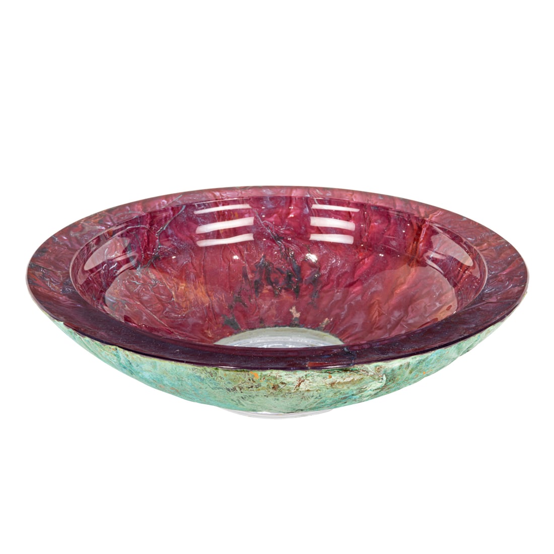A John Lewis (American, b 1942) glass bowl with copper patina: A John Lewis (American, b 1942) glass bowl with copper patina, signed, 5"h x 19.25"dia