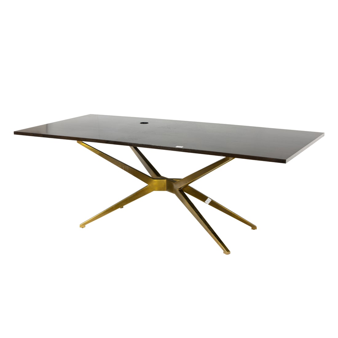 A Moderne ebonized wood top on gilt metal cross base: A Moderne ebonized wood top on gilt metal cross base, 29"h 82"w x 40"d