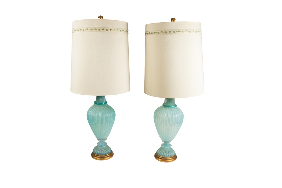 A tall pair of Marbro table lamps with Venetian turquoise opalescent glass (1 of 5)