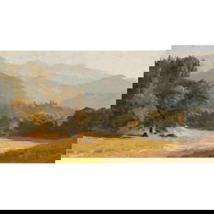 Painting, Thaddeus Welch: Thaddeus Welch (American, 1844-1919), Untitled (Landscape with Mountain and Valley), oil on canvas, signed lower right, canvas: 13"h x 24"w, overall (with frame): 17.5"h x 28.5"w