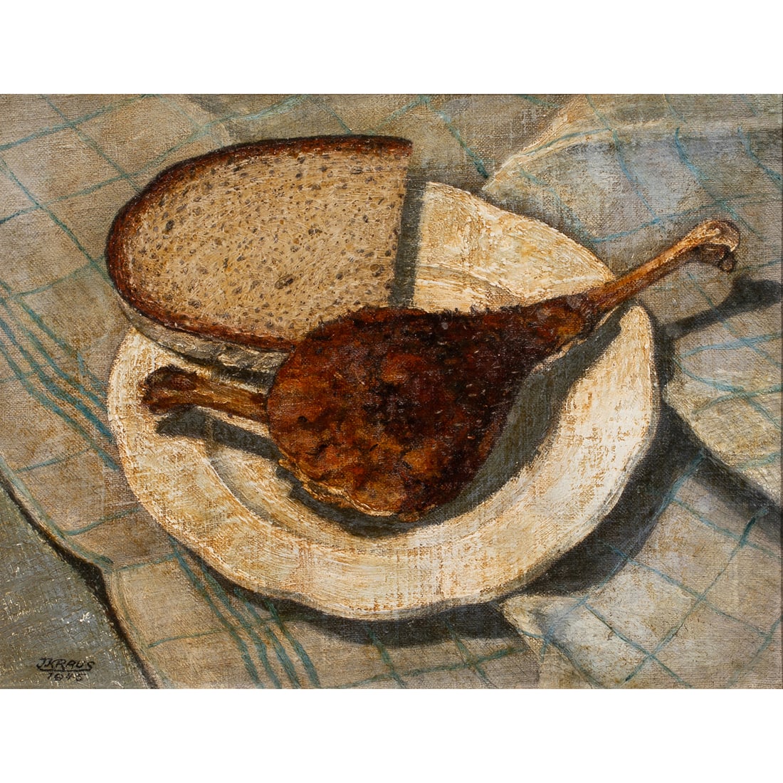 Painting, European School (20th century): European School (20th century), Dinner Plate, 1945, oil on canvas board, signed "JKraus" and dated lower left, sight: 8.25"h x 11"w, overall (with frame): 14"h x 16.5"w