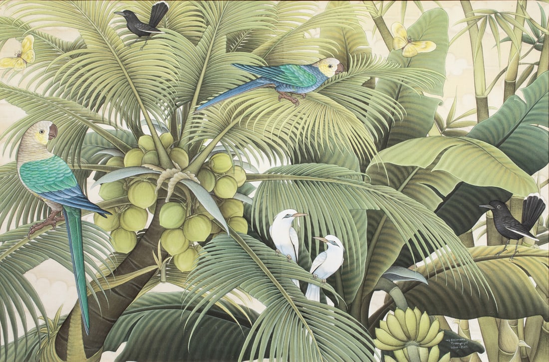 Painting, Wayan Sulendra: Wayan Sulendra (Indonesian, b. 1958), Untitled (Birds and Coconuts), acrylic on canvas, signed and inscribed lower right, canvas: 32"h x 48"w, overall (with frame): 33.25"h x 49.25"w