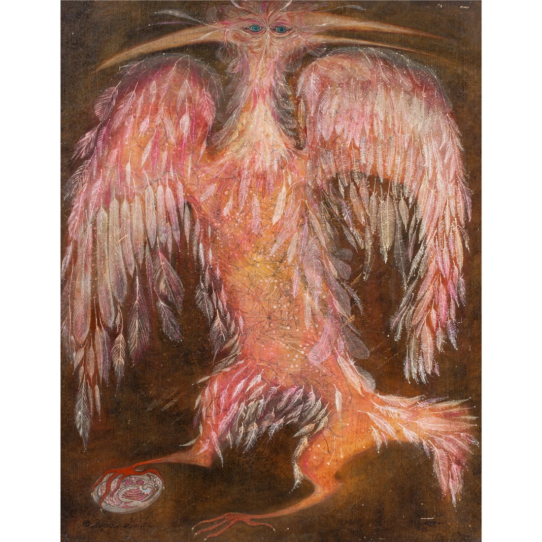 Painting, Marcia Gaiter: Marcia Gaiter (American, b. 1926), "#2 Phoenix," oil on masonite, signed lower left, inscribed verso, board: 24"h x 18.25"w, overall (with frame): 25"h x 19.25"w