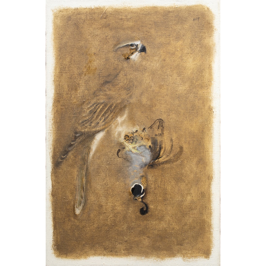 Painting, Bryan Wilson: Bryan Wilson (American, 1927-2002), "Falcon and Quail," 1969, oil on canvas, initialed and dated upper right, signed, titled, and dated verso, gallery label (Gump's, San Francisco, CA) affixed verso,