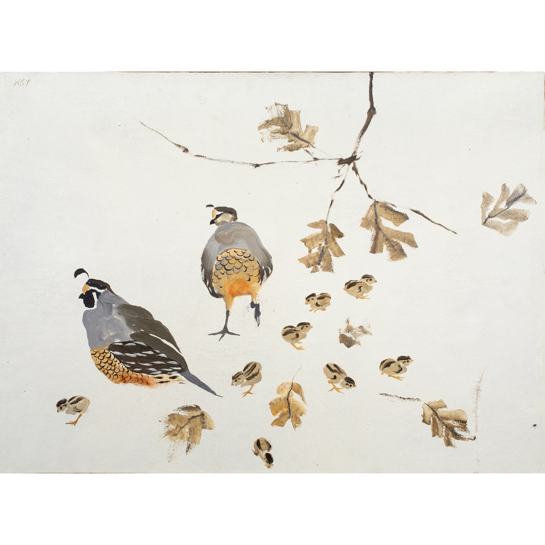Painting, Bryan Wilson: Bryan Wilson (American, 1927-2002), "Valley Quail," 1967, oil on canvas, initialed and dated upper left, signed, titled, and dated verso, gallery label (Gump's, San Francisco, CA) affixed verso, canva