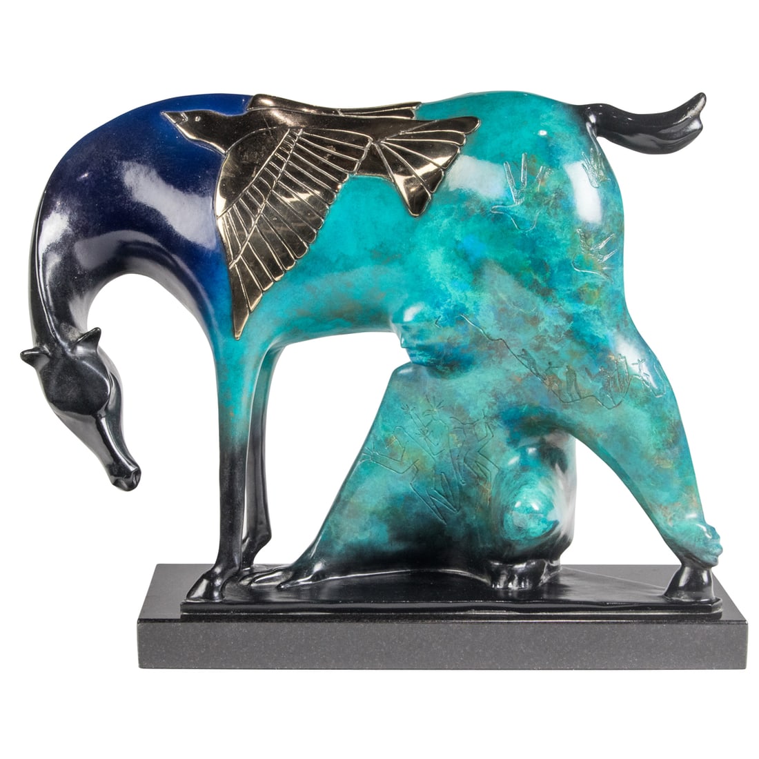 Sculpture, Rebecca Tobey: Rebecca Tobey (American, b. 1948), "Friends in a Storm III" bronze sculpture with patina, signed on back leg, edition 14/75, overall (with base): 13"h x 5.5"w x 13.25"w. Note: A certificate of authent