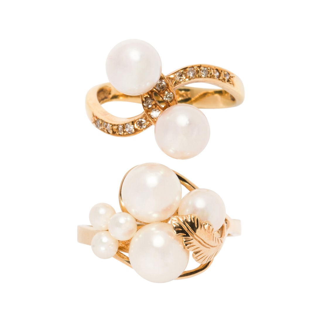 Two cultured pearl, diamond and gold rings (1 of 2)