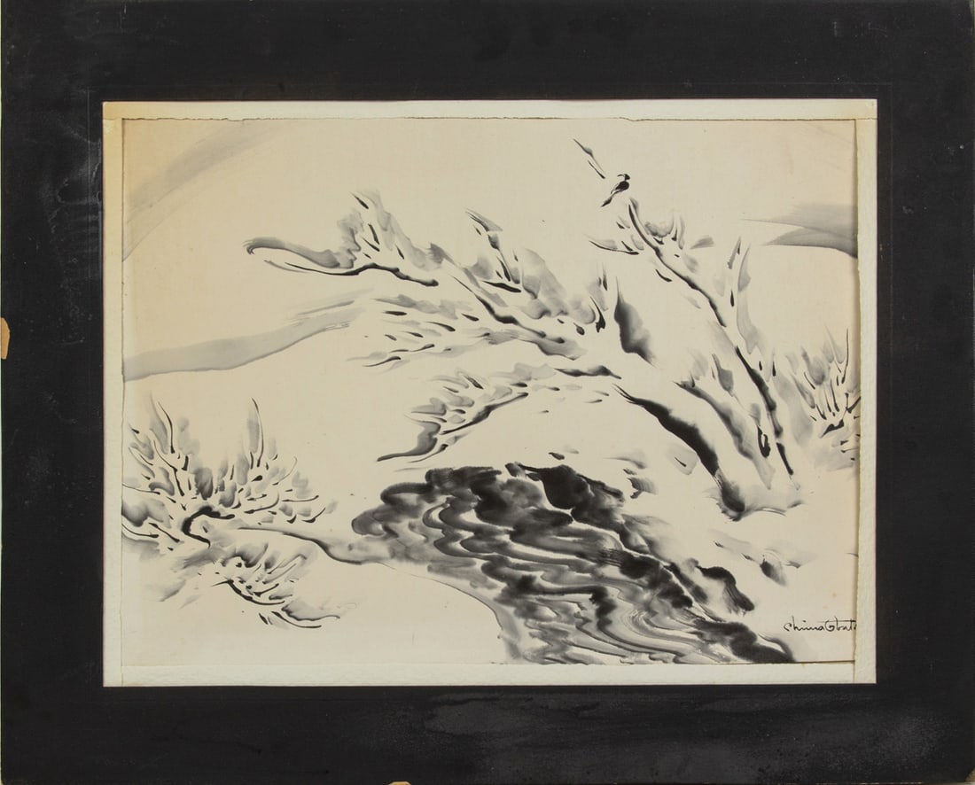 Chiura Obata (1885-1975) - Snow Scene: Chiura Obata (1885-1975) - Snow Scene. Ink on paper, signed and with a seal on the lower right, mounted, 17"h x 23"w of the image.