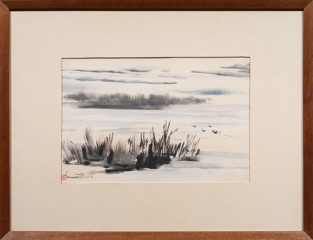 Chiura Obata (1885-1975) - Delta Scene: Chiura Obata (1885-1975) - Delta Scene. Ink and color on paper, signed and with a seal on the lower left, framed and glazed, 10"h x 15" of the image.
