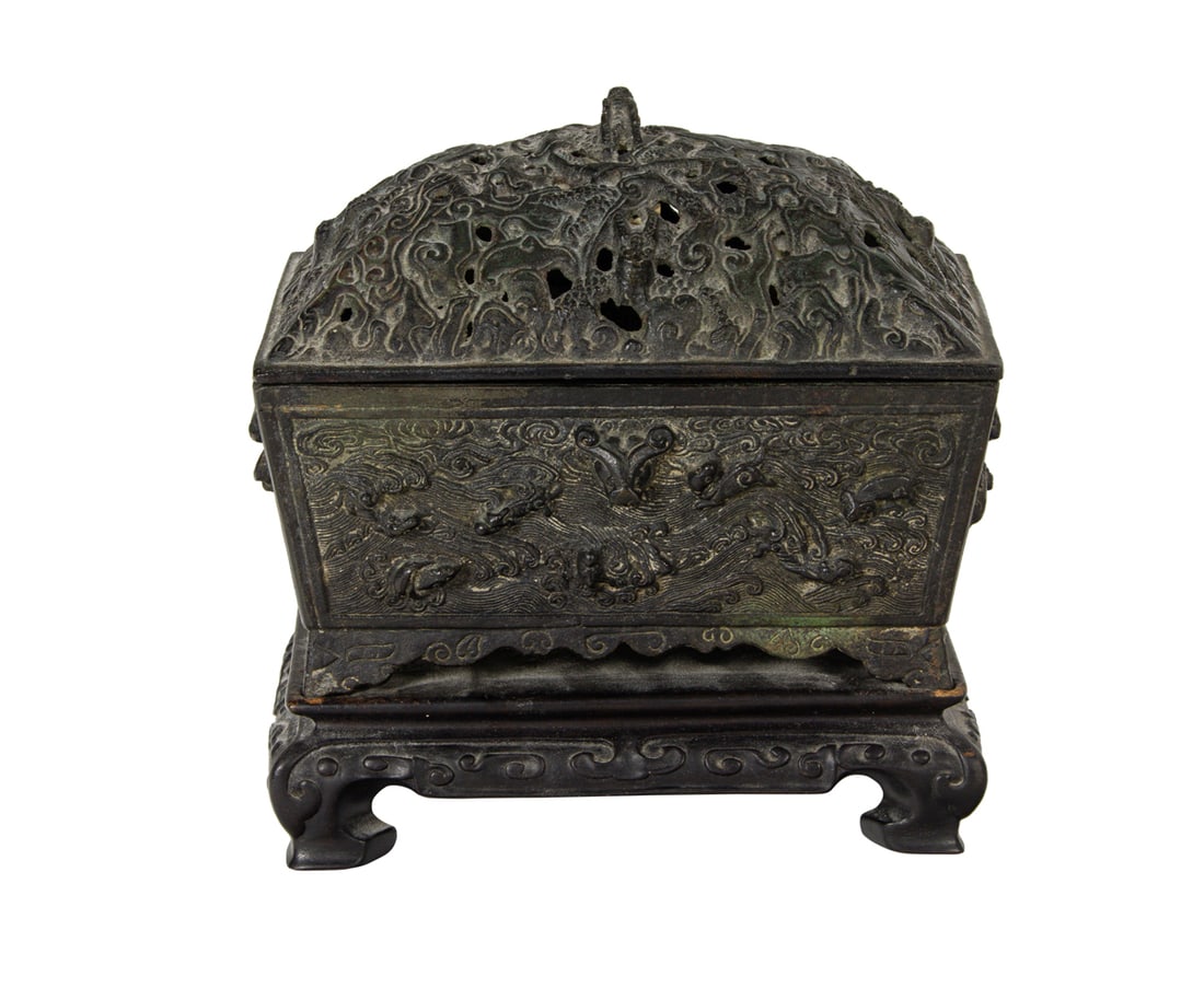 A Chinese square form bronze lidded censer (1 of 3)