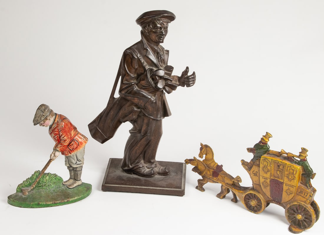 A group of cast iron doorstops and figure: A group of cast iron, comprising London Royal Mail coach doorstop, 12.25"l; golfer doorstop attributed to Hubley, 8.5"h and relief figure of a golfer, 15.5"h