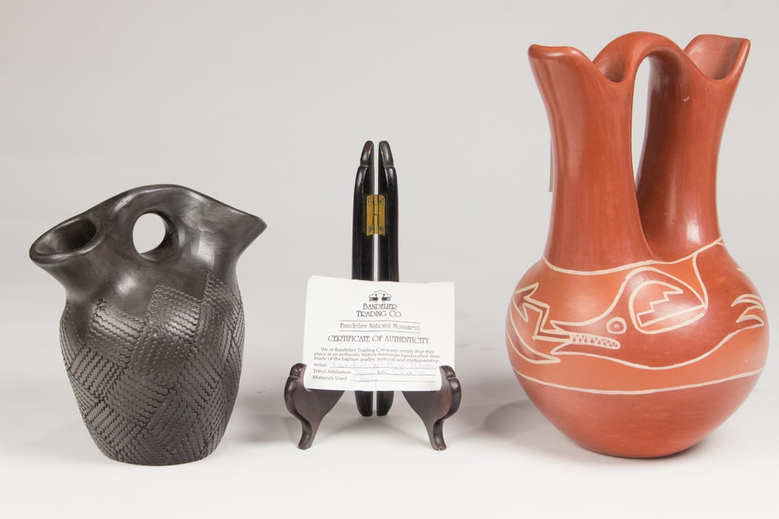 Two wedding double olla: Two wedding double olla, including a Santa Clara redware and a Cherokee blackware examples, the larger 10"h x 6"