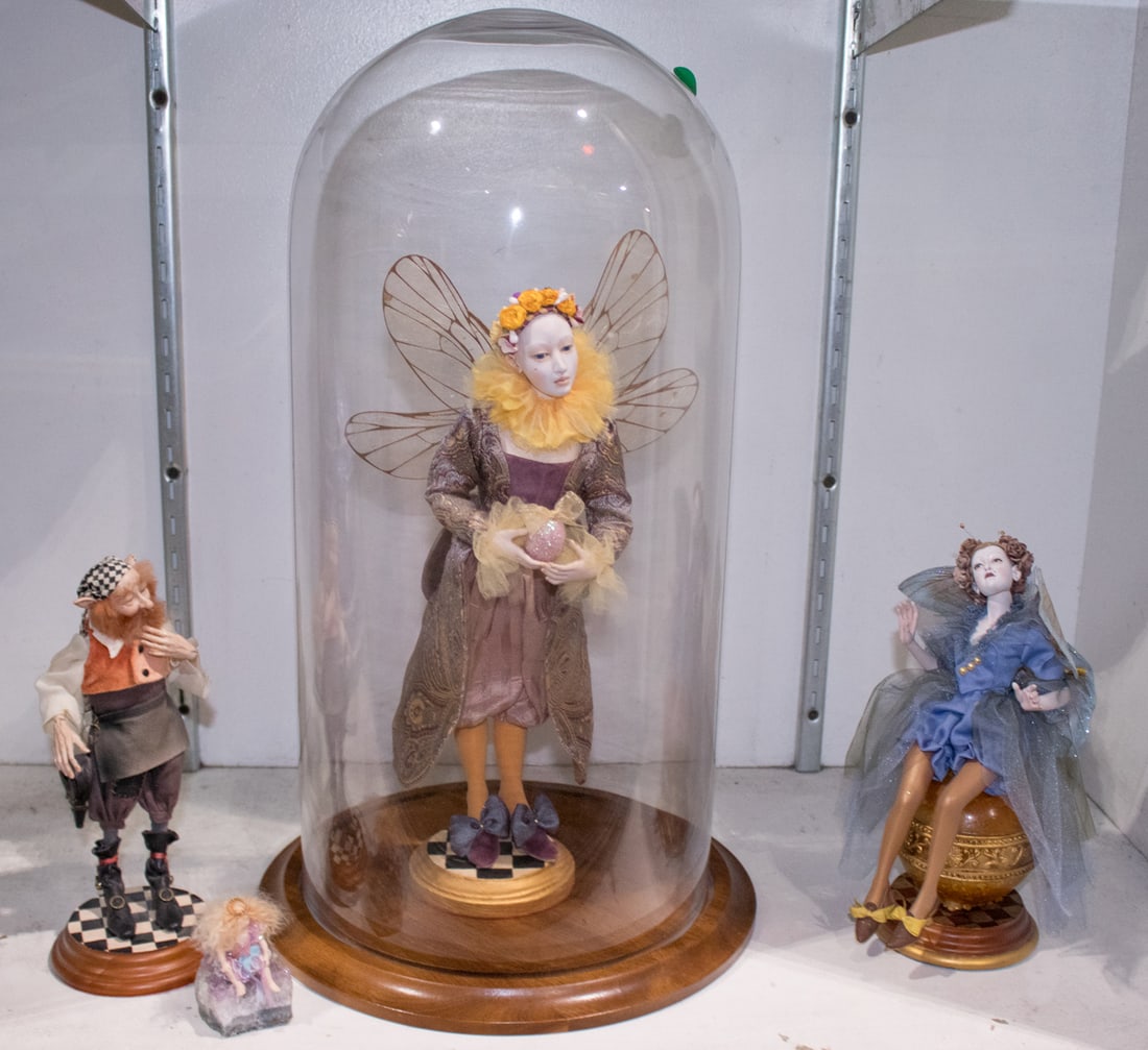 Three Kat Soto art dolls depicting fairies including one with glass dome: Three Kat Soto art dolls depicting fairies including one with glass dome, greatest 16"h