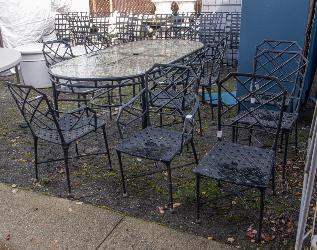 A Patio glass top black painted wrought iron table 29"h x 84" x 42"d en suite with (10) dining (1 of 1)