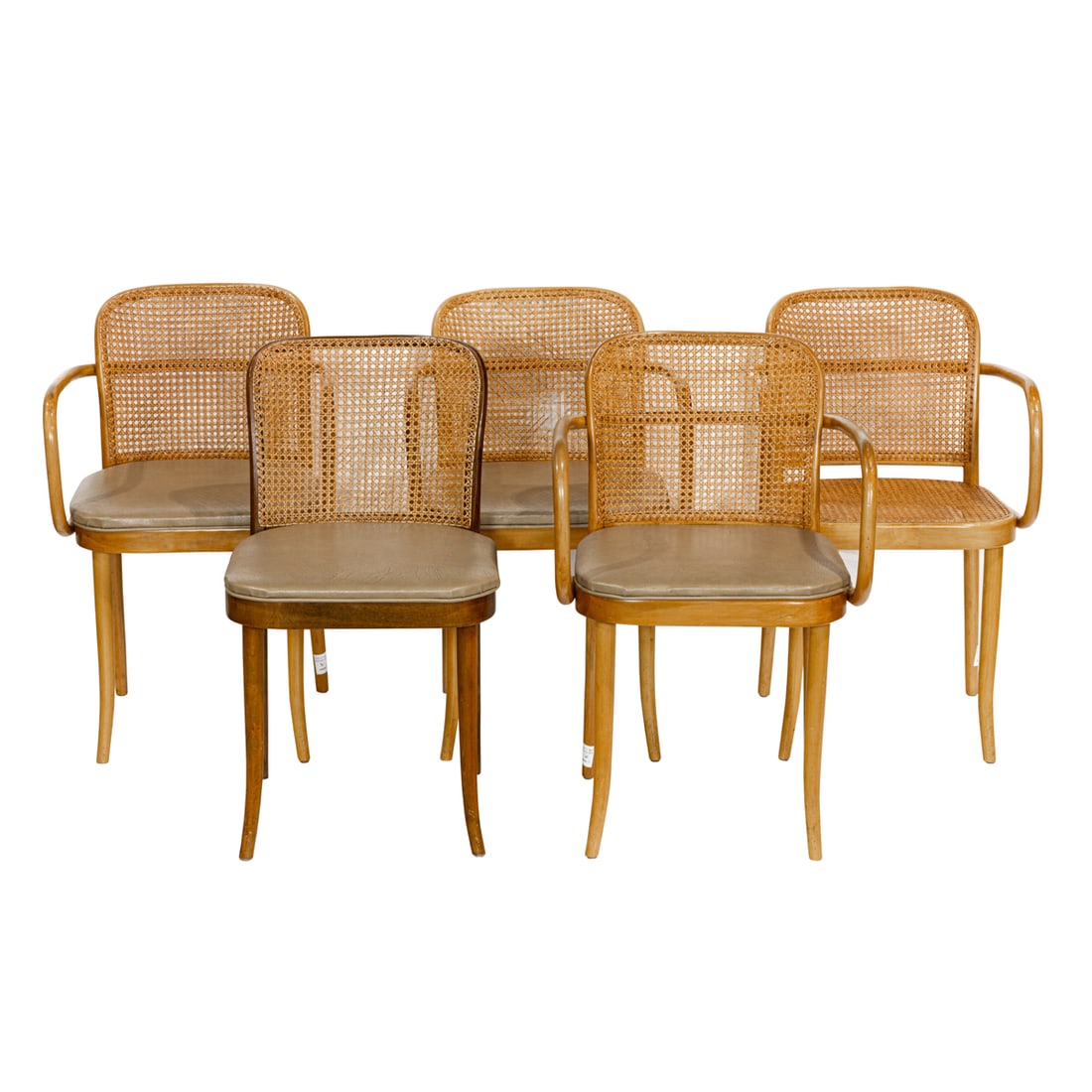 Four Stendig Hoffman caned and bentwood armchairs: A suite of four labeled Stendig caned and bentwood armchairs after Josef Hoffman, labeled 'Made in Czechoslovakia', each 32.5"h x 19.5"w x 16."d; together with an associated caned back side chair fitt