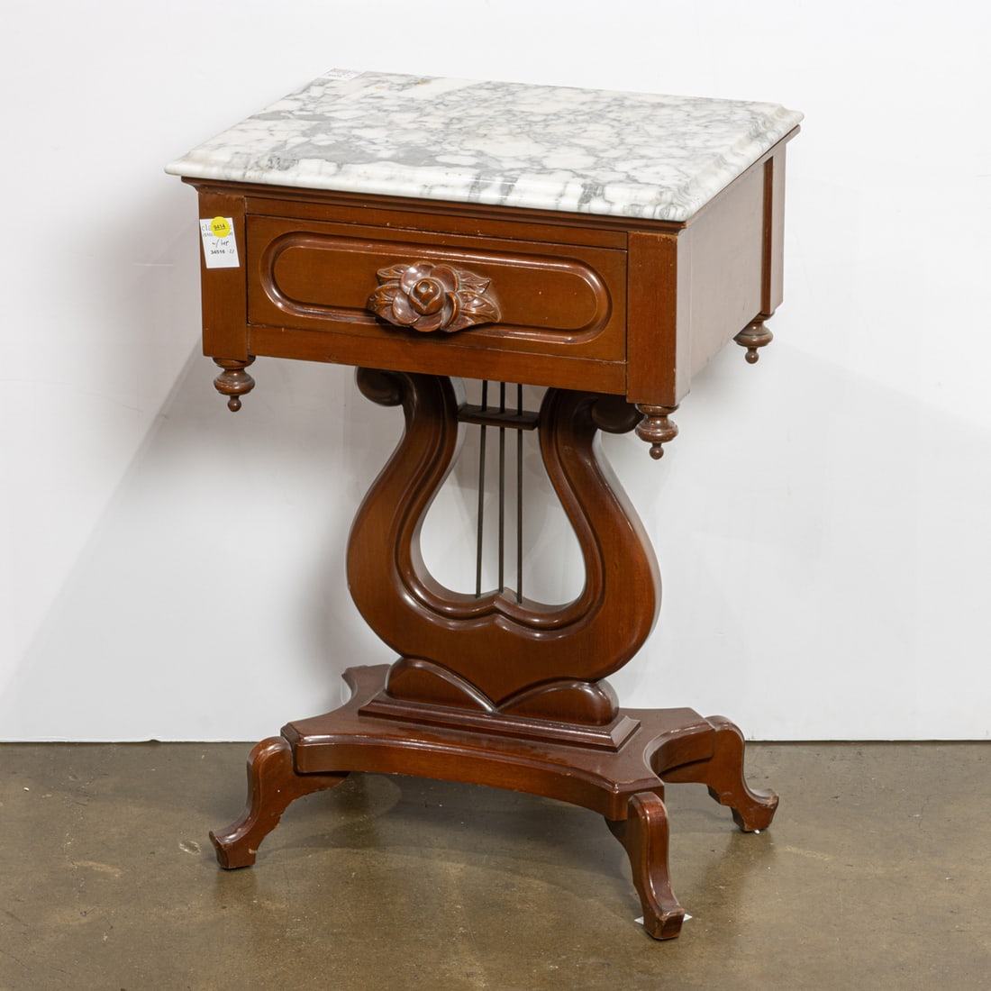 An Empire style marble top mahogany lyre side table with a single drawer (1 of 1)