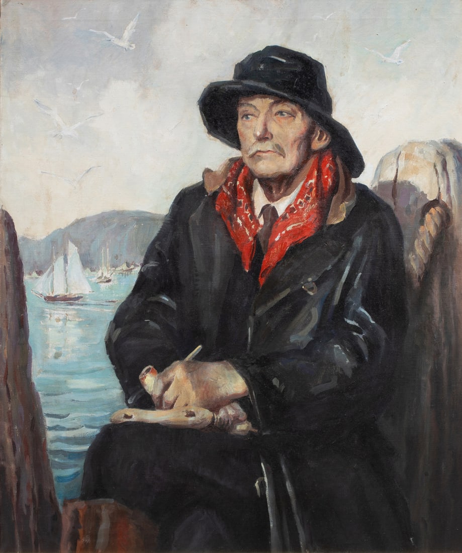 Painting, Paul Carter Goodnow: Paul Carter Goodnow (American, 1958-2021), Portrait of a Fisherman, unsigned, artist name on frame verso, canvas: 36"h x 30.5"w, overall (with frame): 42"h x 36.5"w