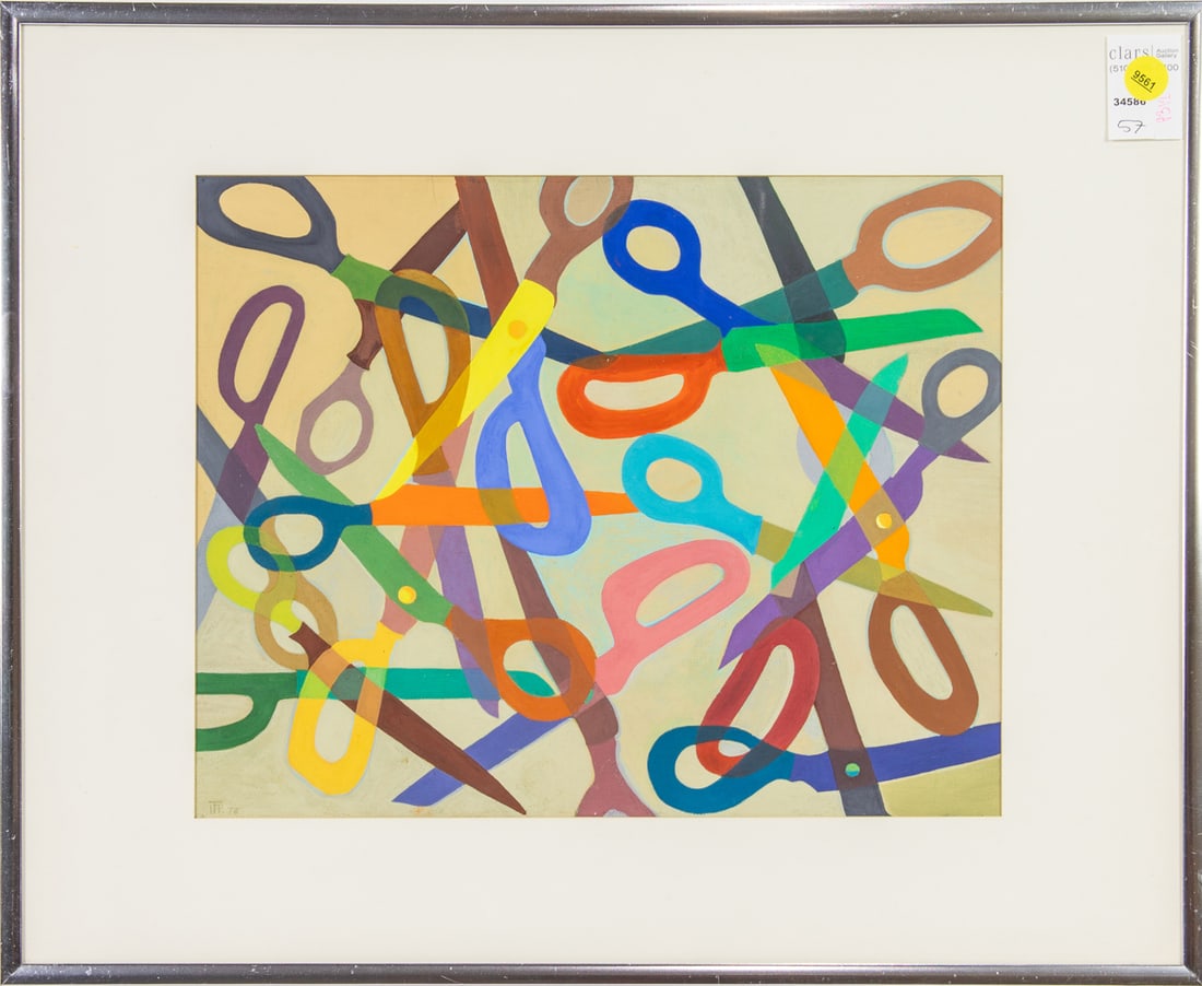 Painting, Pauline Ivancovich Teller: Pauline Ivancovich Teller (American, 20th century), "Busy Scissors," 1978, casein on canvas, initialed and dated lower left, inscribed and labelled verso, overall (with frame): 16.5"h x 20.5"w