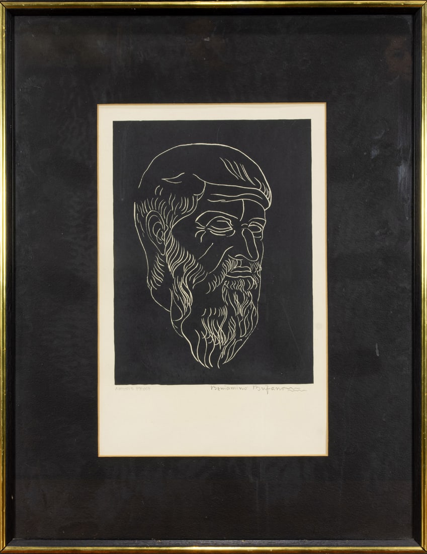 Print, Beniamino Bufano: Beniamino Bufano (Italian/American. 1898-1970), Untitled (Bearded Man), lithograph, pencil signed lower right, edition artist proof, overall (with frame): 25"h x 19.75"w