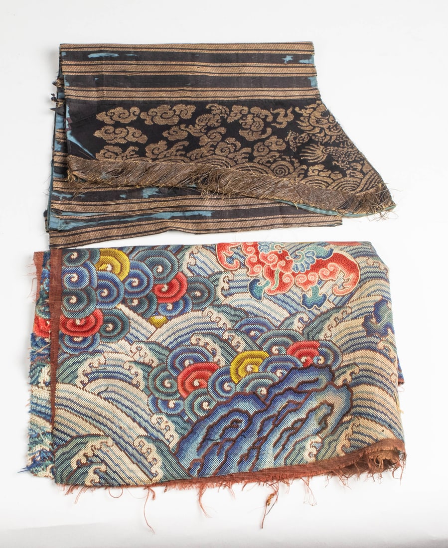 (lot of 3) Chinese embroidered articles: (lot of 3) Chinese embroidered articles. Comprising a brocade sleeve, two embroidered peony and bat fabrics, late Qing period, 21" across.