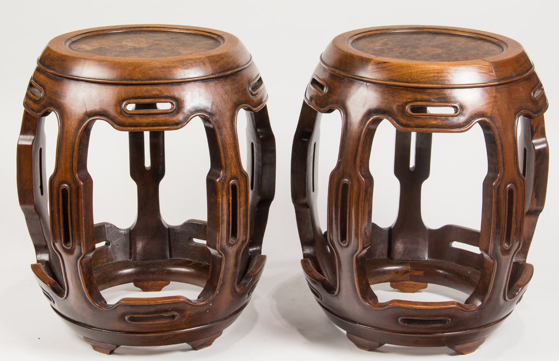 A pair of Chinese hardwood and burl wood stools: A pair of Chinese hardwood and burl wood stools. 20th century, 18.5" high.