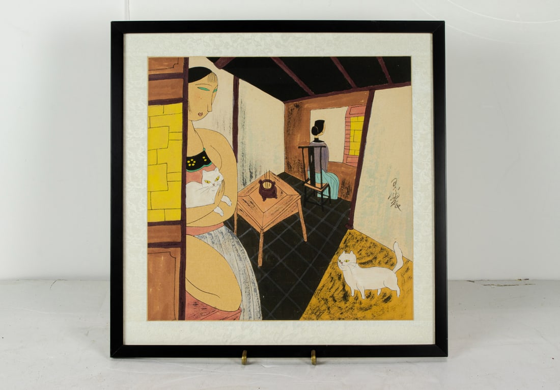 Hu Yongkai (born 1945) - Ladies and Cats: Hu Yongkai (born 1945) - Ladies and Cats. Ink and color on paper, signed, framed and glazed, 13"h x 13"w of image.