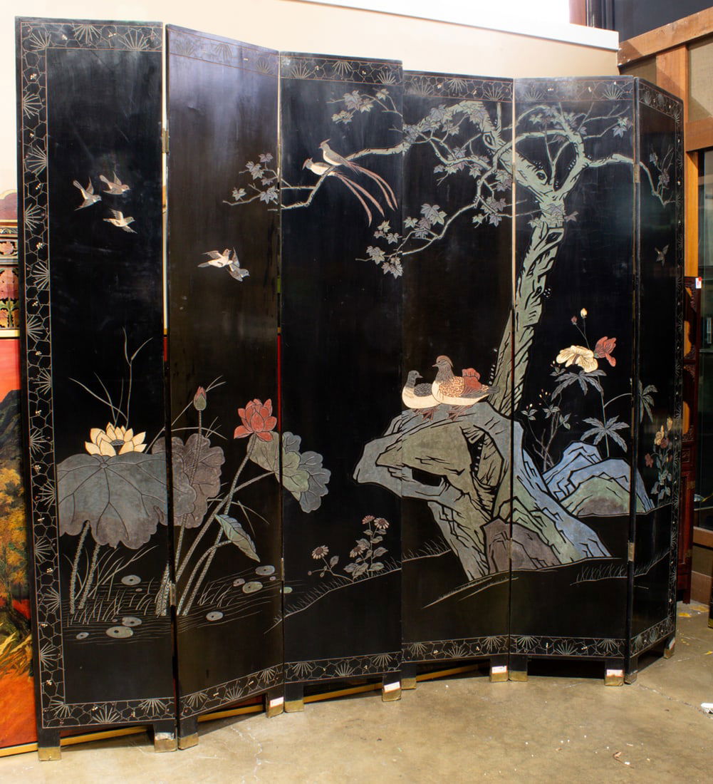 A Chinese six panel figural design gold-ground coromandel style screen (1 of 1)