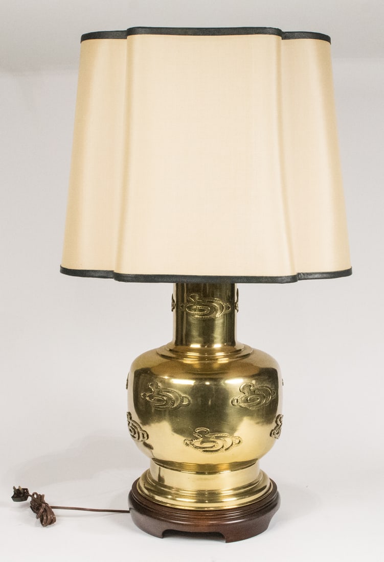A Chinese metal vase as lamp with shade: A Chinese metal vase as lamp with shade. 35.25" high.