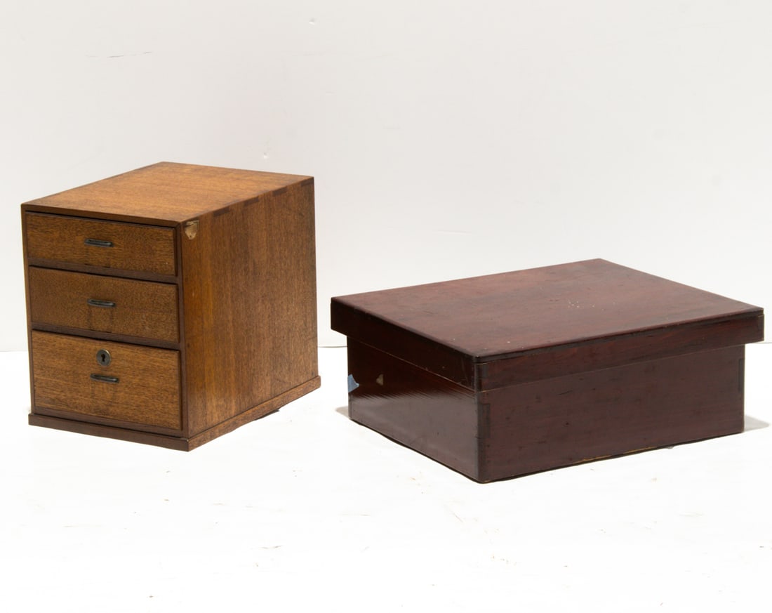 (lot of 2) Japanese hardwood furnitures: (lot of 2) Japanese hardwood furnitures. Comprising one container and one low cabinet, from 6" to 10.75" high.