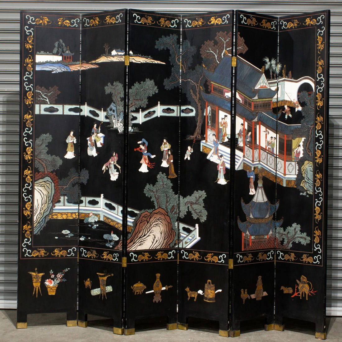A Chinese six-panel bird design black-ground coromandel style folding screen (1 of 1)