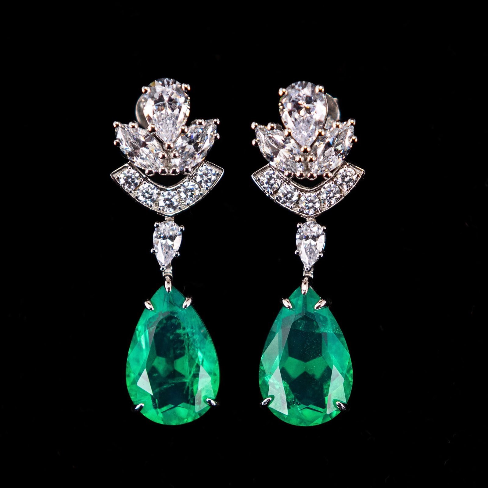 Pair of Lab-Grown Emerald, Diamond and Sterling Silver Earrings (1 of 4)