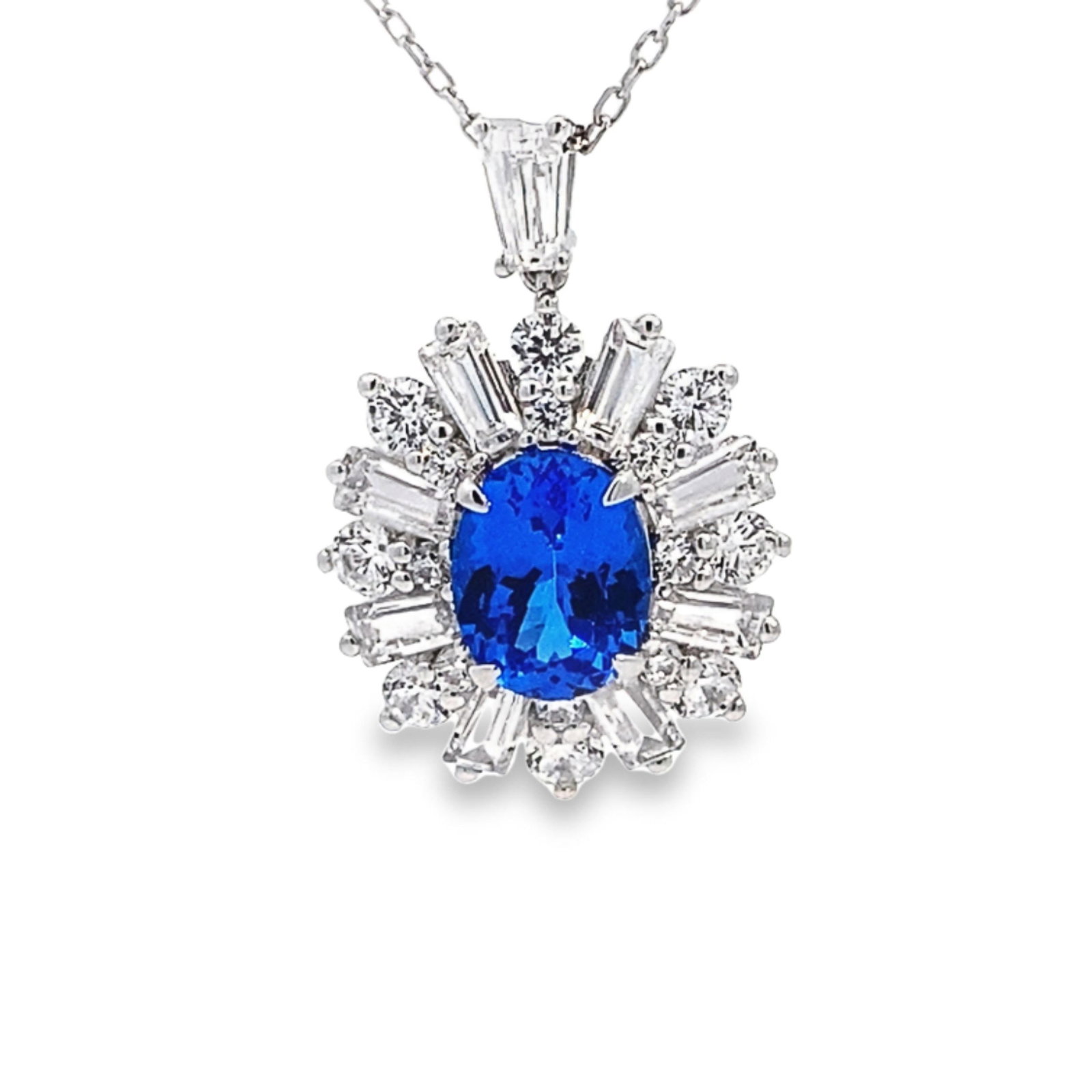 Lab Grown Sapphire and Diamond Necklace: Lab-grown sapphire and diamond necklace. Main Stone: 2.42 ct