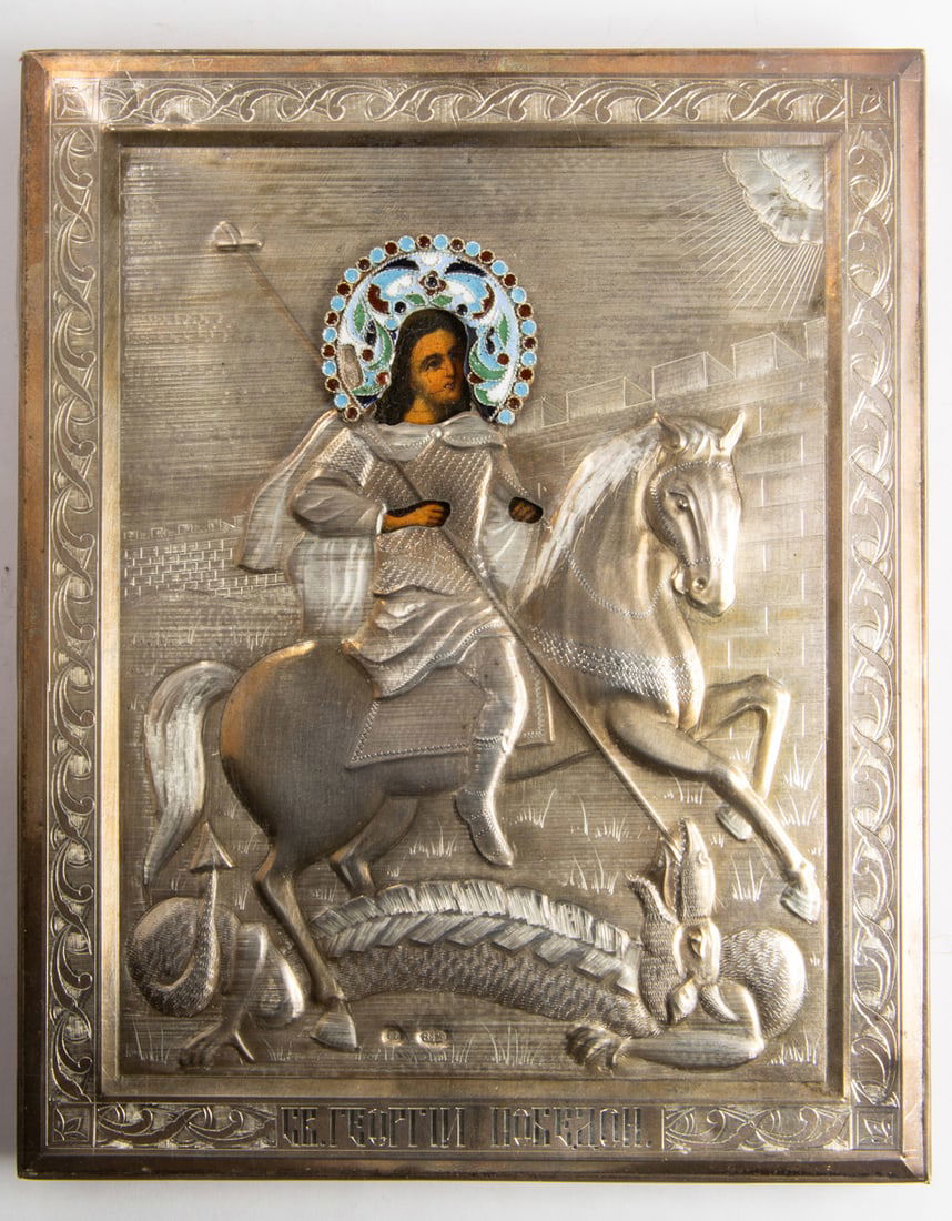 A Russian cloisonne silver oklad icon of St. George