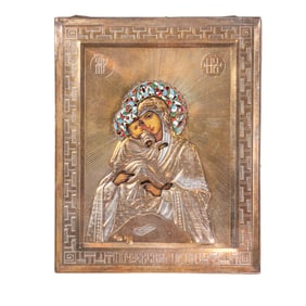 A Russian Pocherskay cloisonne silver oklad icon of Mother of God