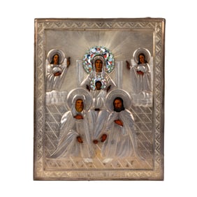 A Russian Pocherskay cloisonne silver oklad icon of the Holy Family, c 1881