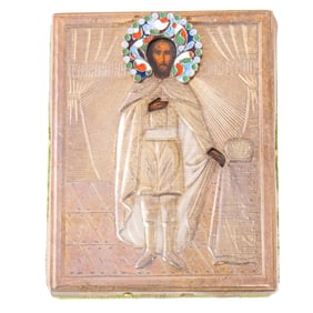 A Russian cloisonne .875 silver oklad icon of Saint Price Alexander Nevsky