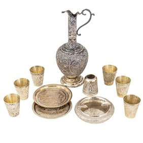 A Persian .875 silver decanter and six vodka cups