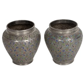 A pair of antique Persian Isfahan enameled and repousse silver vases