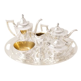 A Towle Lafayette sterling hot beverage set #7680 and Towle sterling tea tray