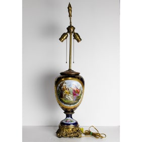 A Sevres style porcelain urn, now mounted as a lamp